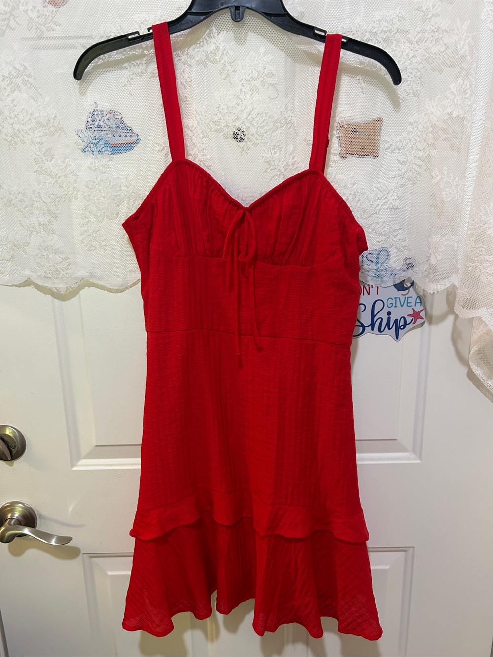 by & by Bright Red Tiered Midi Dress with Spaghetti Straps